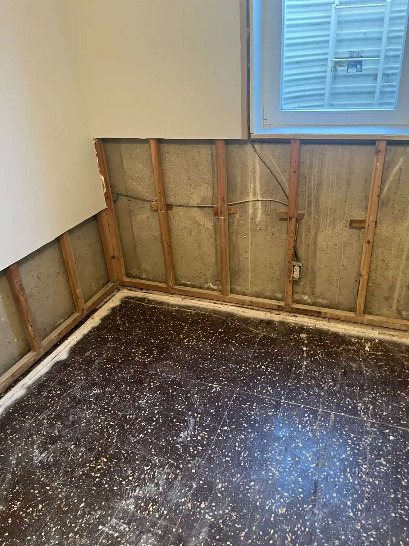Basement with flood-cut walls and a wet, debris-covered floor